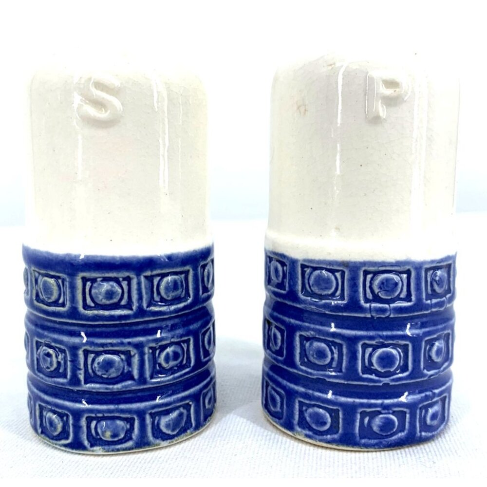 Geometric Salt and Pepper Shakers Set Cobalt Blue White 3" Ceramic MCM